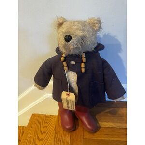 VINTAGE PADDINGTON TEDDY BEAR GABRIELLE ENGLAND 1970'S TAG TALL RED DUNLOP BOOTS